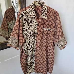 Hawaiian Button Up Brown Cream Gold Tribal Polynesian Print 4XL Shirt